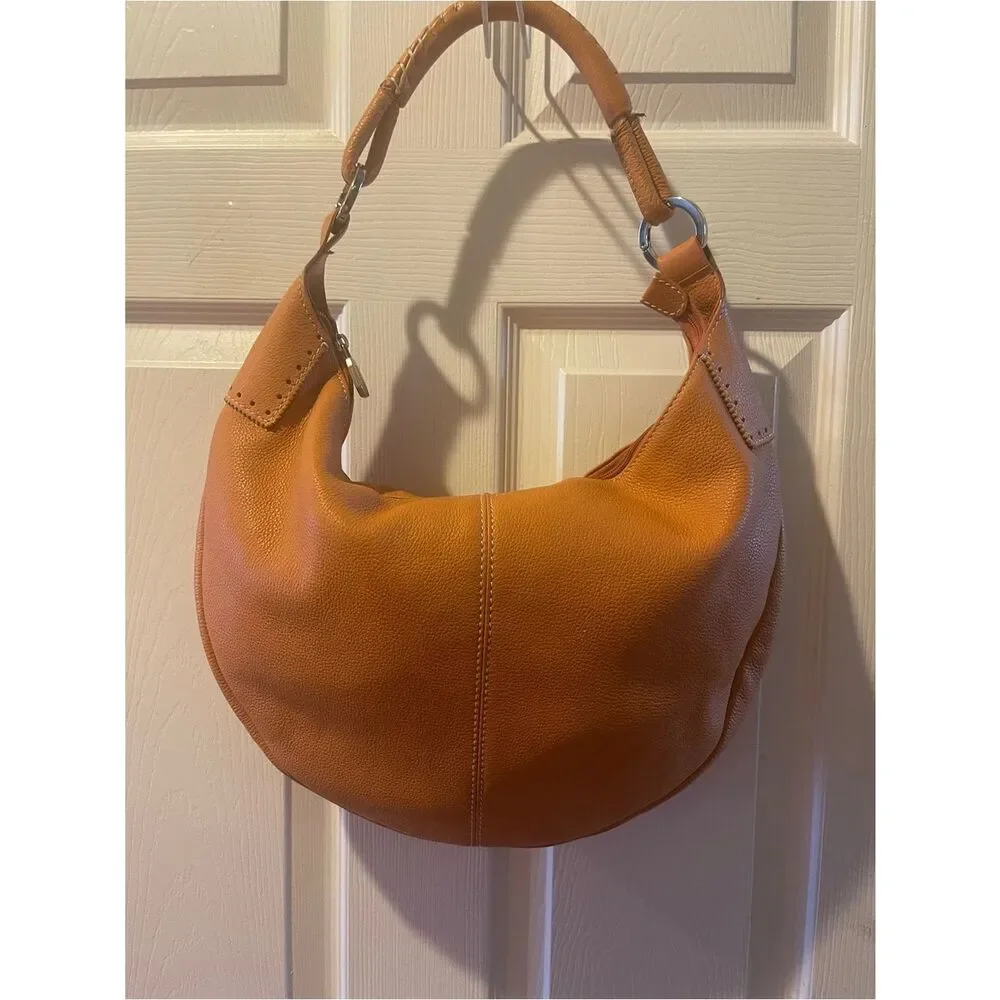 PRUNE Hobo leather Orange Medium Bag stitching accents silver tone hardwares .